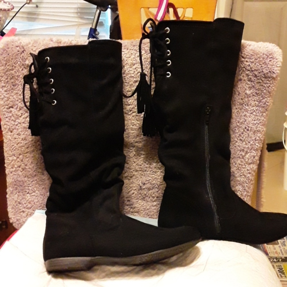 Faux suede black boots,  back lace up with tassels